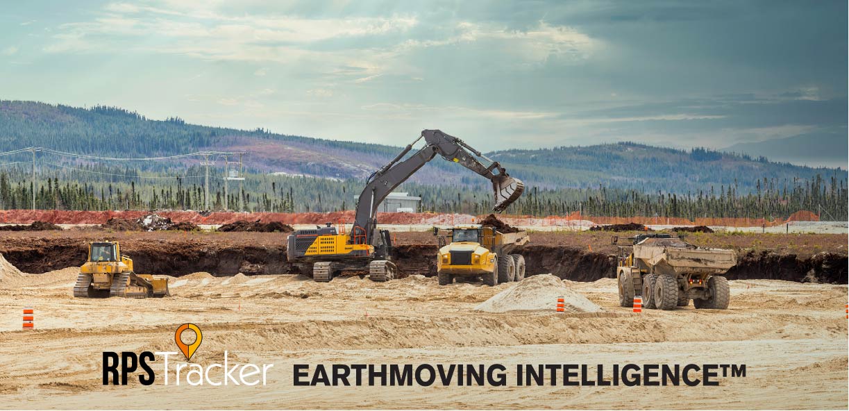 RPS Tracker Banner - Earthmoving Intelligence (TM) - ADTs, Scraper, & Excavator working on a site.