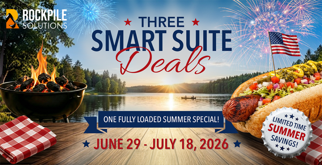 Promotional graphic for Rockpile Solutions Smart Suite Hot Dog Deals, featuring summer cookout imagery, a fully loaded hot dog, and the June 28–July 18, 2026 offer dates.